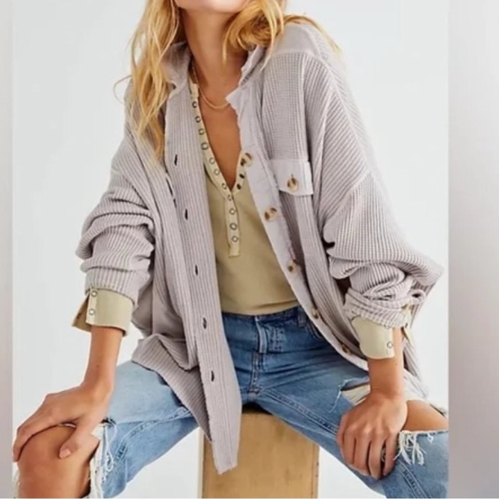 Free People One Scout Waffle Knit Shirt Jacket XS Lilac Oversized Boho Lagenlook